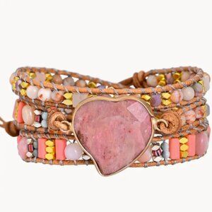 Gold-Trim Pink Heart Beaded Wrap Bracelet